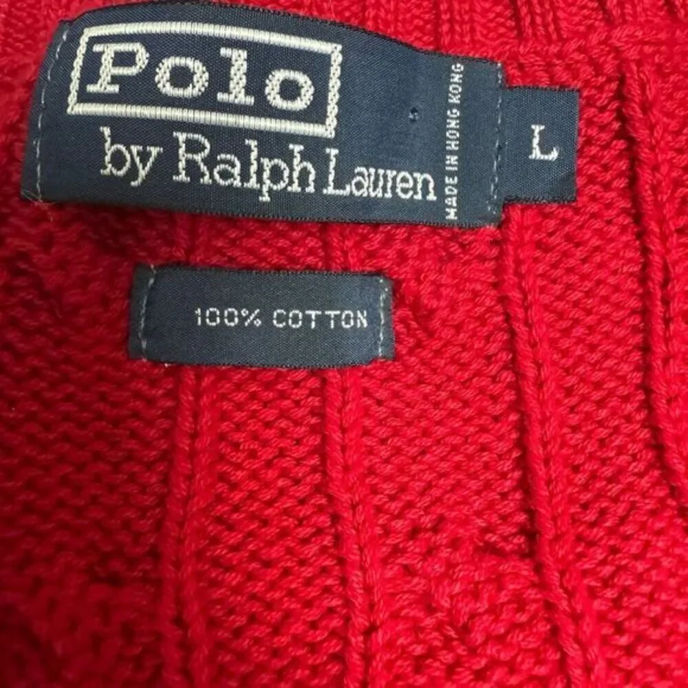 Polo By Ralph Lauren Large Red Cable Knit Vest Golf Club Crest 100% Cotton VTG - Picture 4 of 6